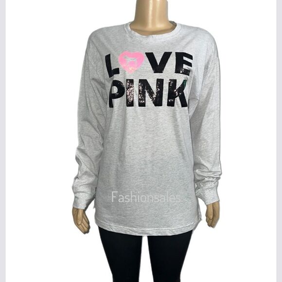 Victoria’s Secret Pink Originals bling sequins campus tee shirt long sleeve Gray - Picture 4 of 8